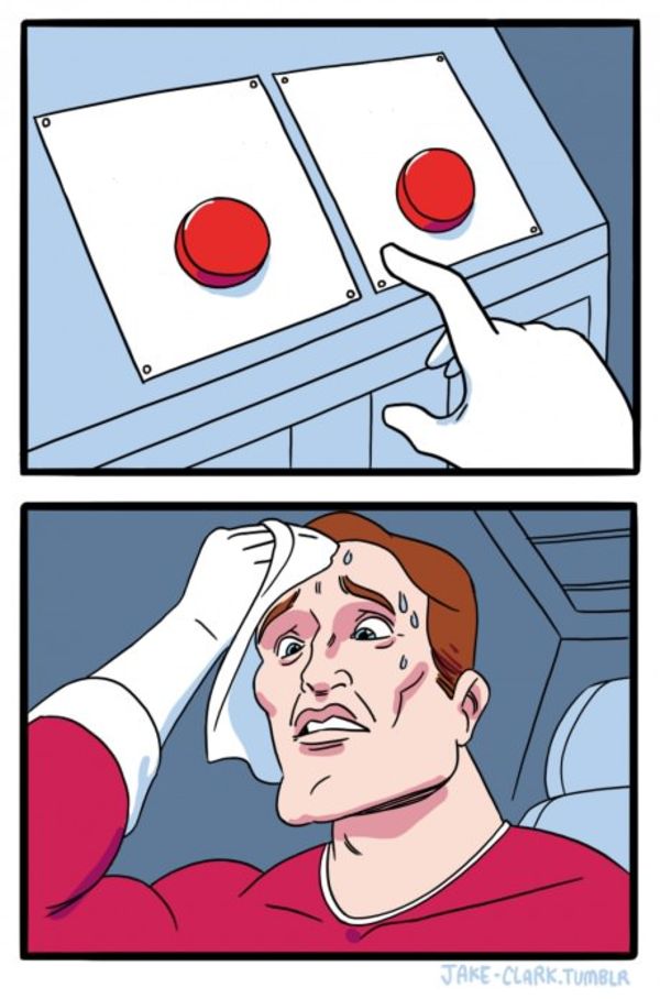 Two Buttons meme about Latico Leathers