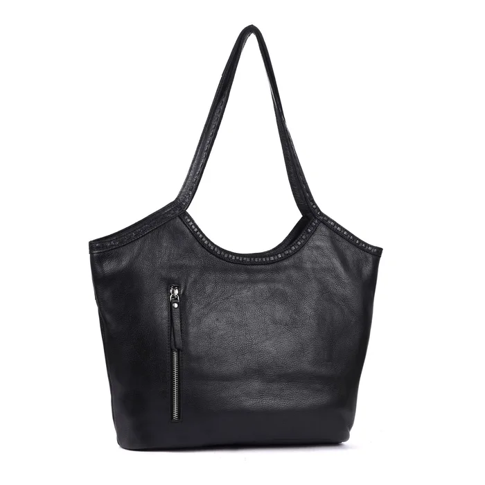 Fina Stain-Washed Leather Tote Bag in black.